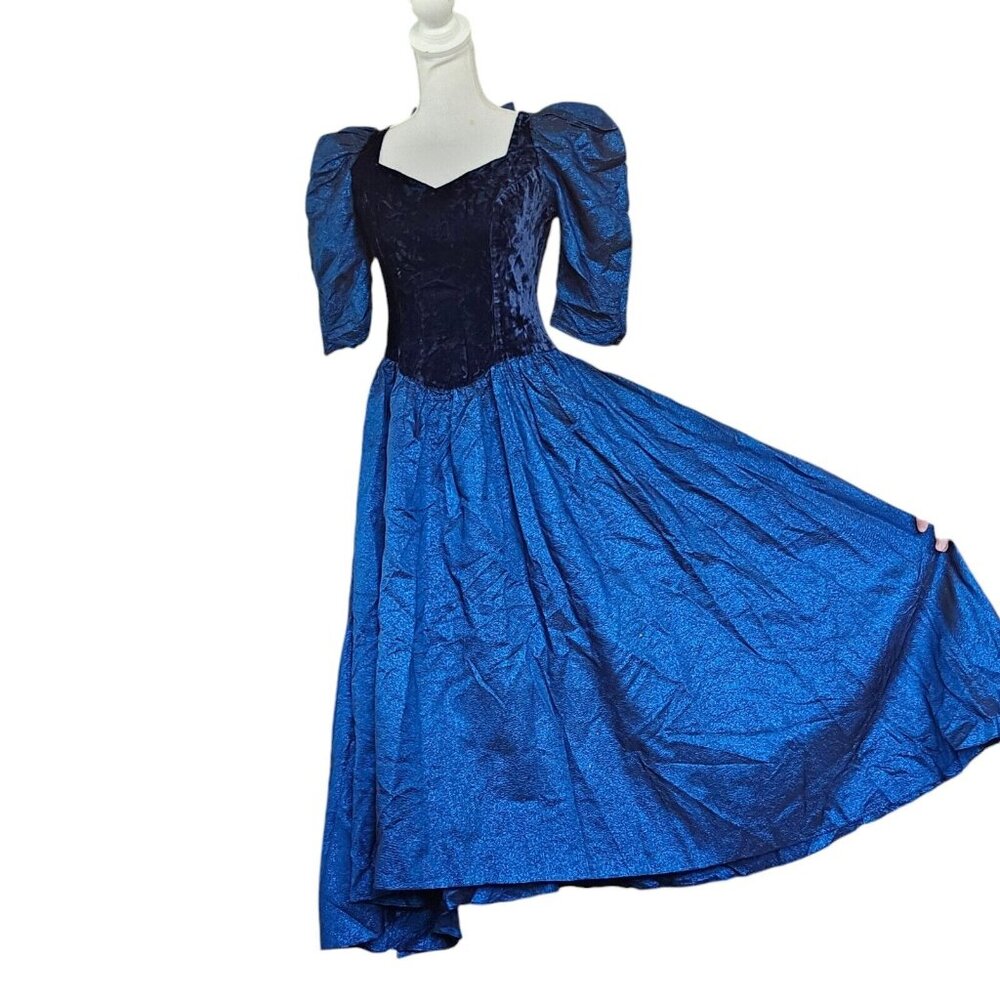 Vintage 80s Small Metallic Blue Velvet Puff Sleeve Gown Dress Open Back